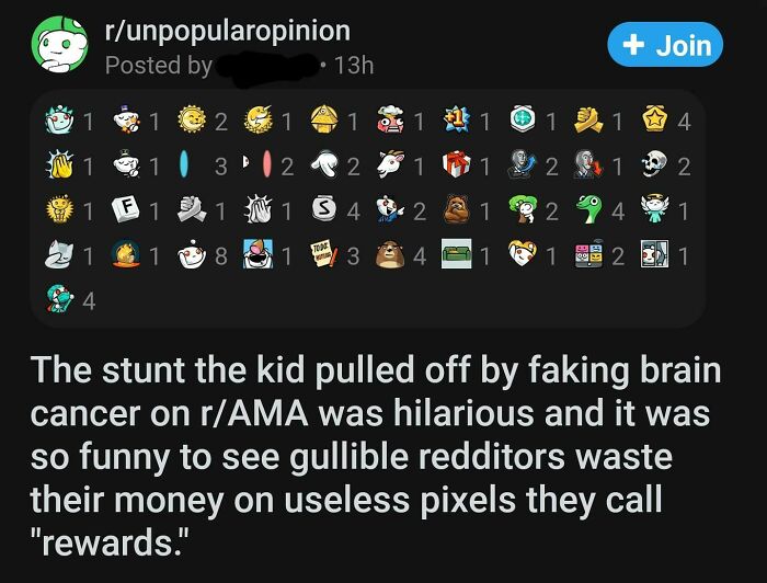 Reddit unpopular opinion post about irony and fake brain cancer stunt rewards