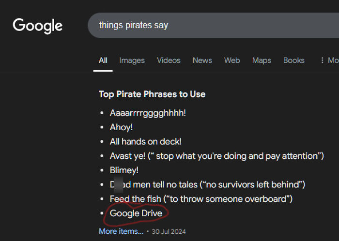 Screenshot of pirate phrases list including humorous out of context phrase Google Drive.