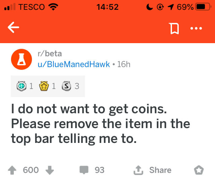 Reddit post requesting removal of coin notification item in top bar