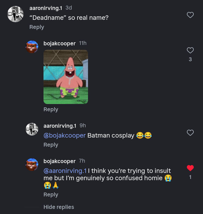 Funny comment exchange about the word deadname with a laughing Patrick Star gif.