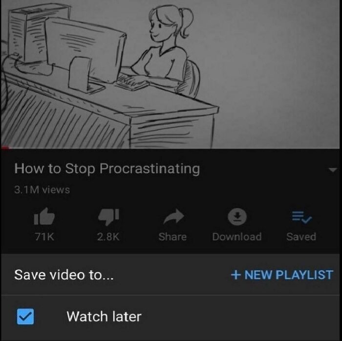 YouTube video titled How to Stop Procrastinating saved to watch later playlist
