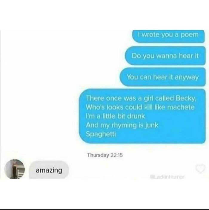 Humorous poem text message with rhyming and spaghetti punchline