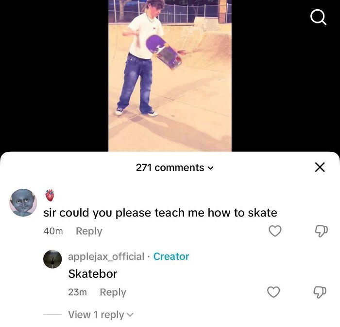Comment asking to learn skateboarding and creator replying with typo