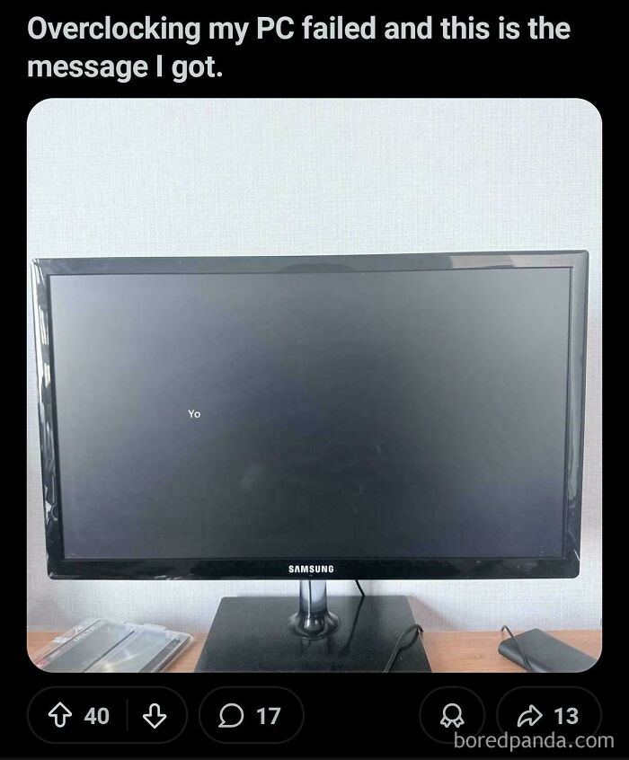 Computer screen shows failed overclocking message with just Yo displayed