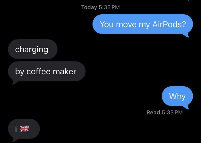 Text message joke about AirPods charging by coffee maker