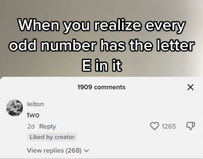 Funny comment disproving odd numbers always having letter E, humor derived from unprompted words