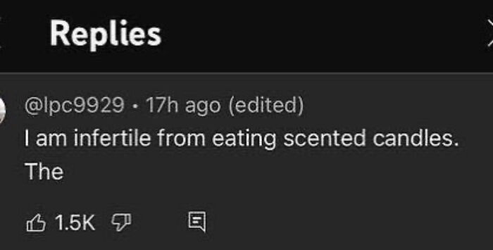 Comment joke about infertility from eating scented candles, humor derived from unprompted phrase