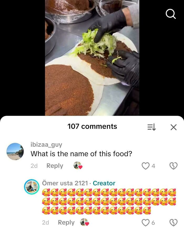 Person preparing food with a spicy mixture and lettuce, popular dish with funny comment
