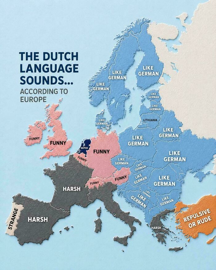 Map showing how the Dutch language sounds across Europe, with countries labeled funny or harsh