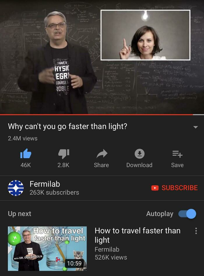 YouTube video screenshot about why light speed can't be surpassed with 2.4M views