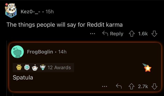 Funny Reddit comments humor with random word spatula for karma