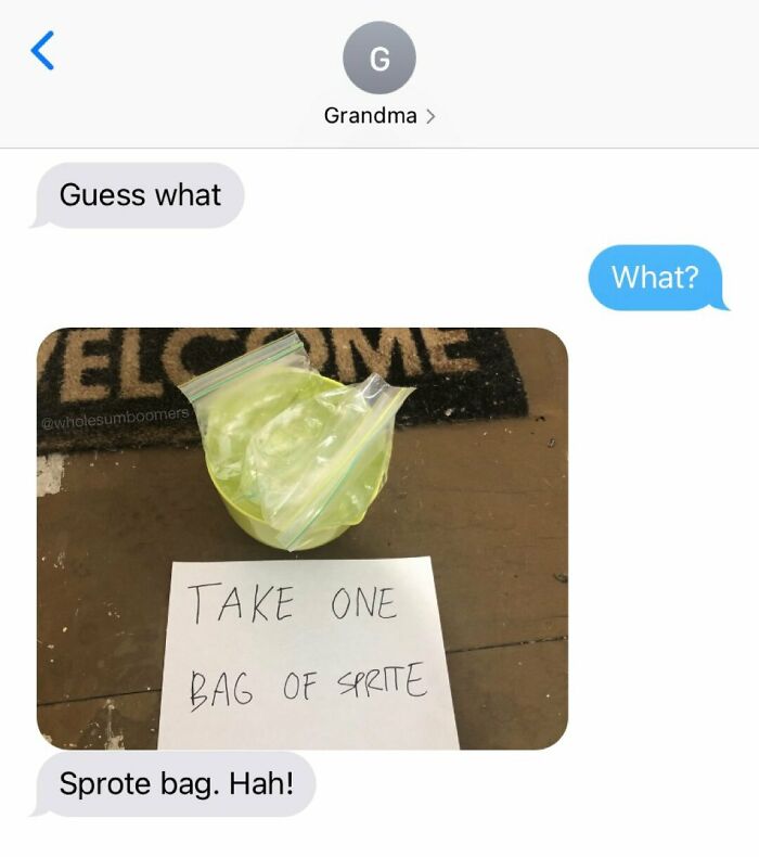 Text message joke about a bag of Sprite sodas on doorstep