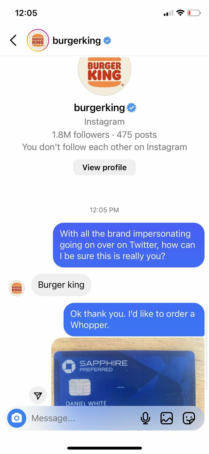 Instagram DM conversation verifying Burger King account for order
