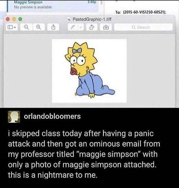 Screenshot of email with Maggie Simpson image causing panic