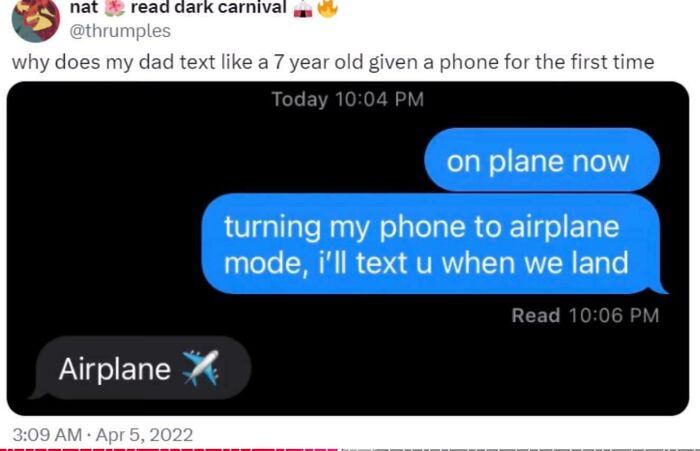 Text exchange about airplane mode with dad replying airplane emoji