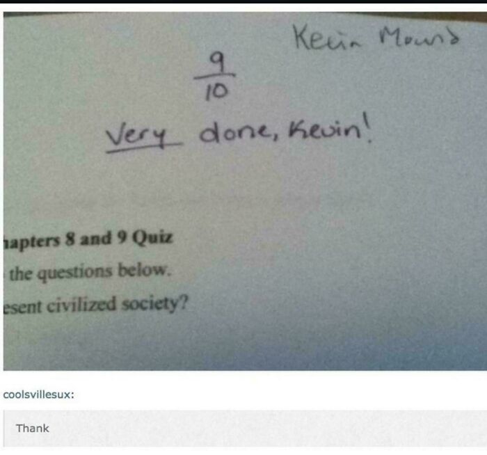 Humorous quiz paper with 9 out of 10 and funny correction comment