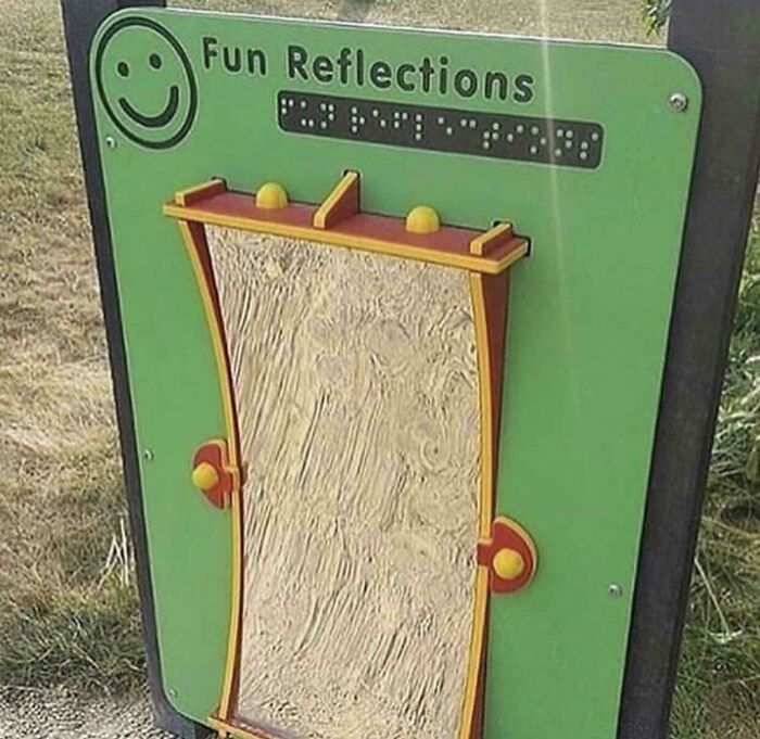 Irony in fun reflections sign with warped non-reflective surface on green background