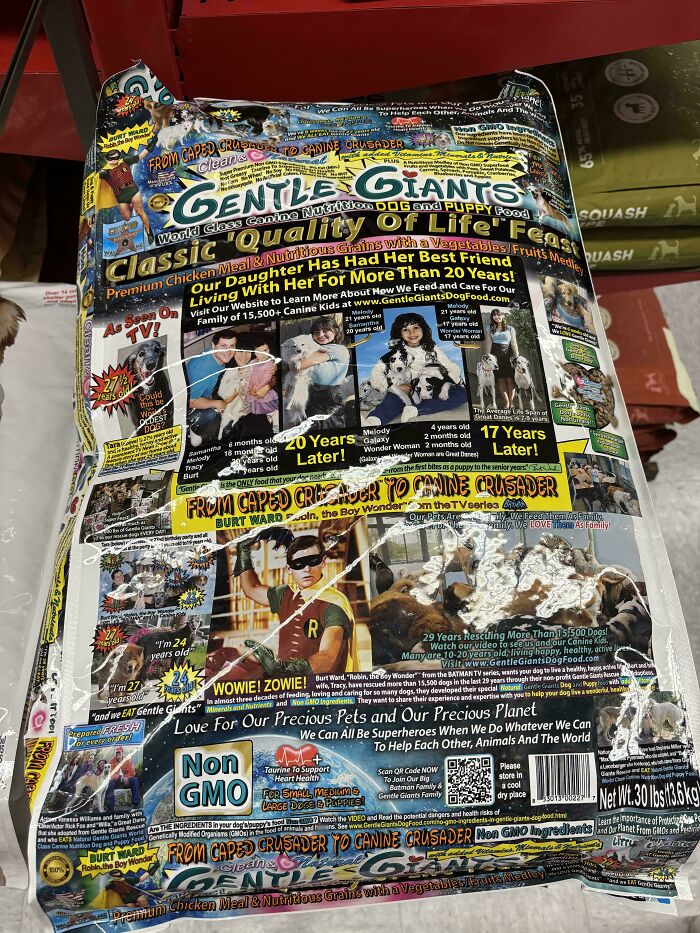 Dog food bag covered in cluttered text and images causing a design fail