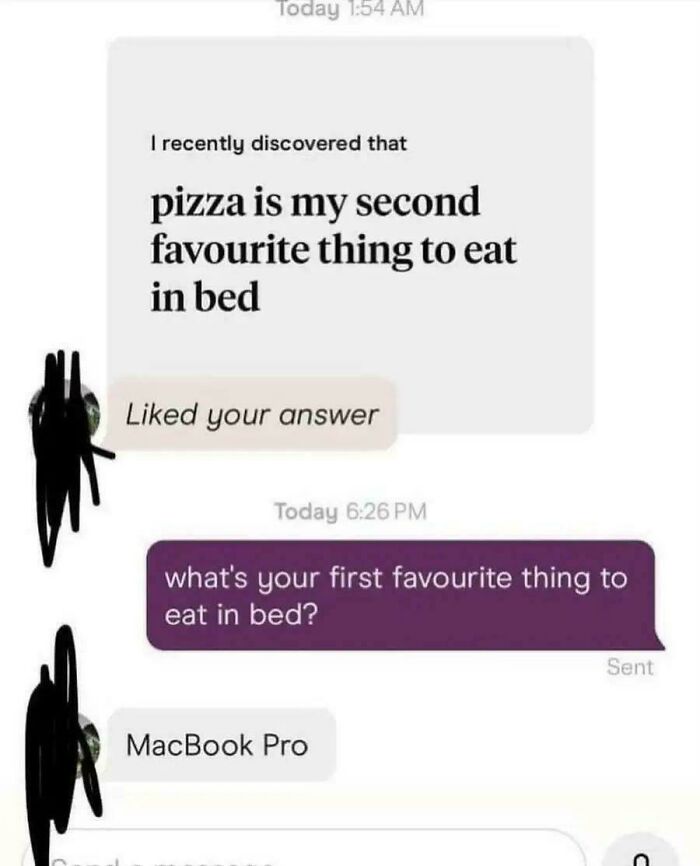 Text conversation humor about favorite thing to eat in bed including pizza and MacBook Pro