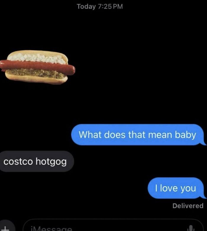 Text conversation with funny hotdog emoji and message under humor derived from unprompted word