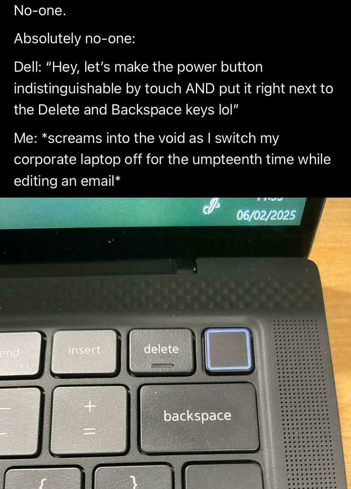 Dell laptop keyboard with indistinguishable power button next to delete and backspace