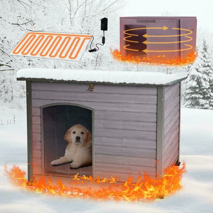 Heated doghouse in snow with flames highlighting awful design fail