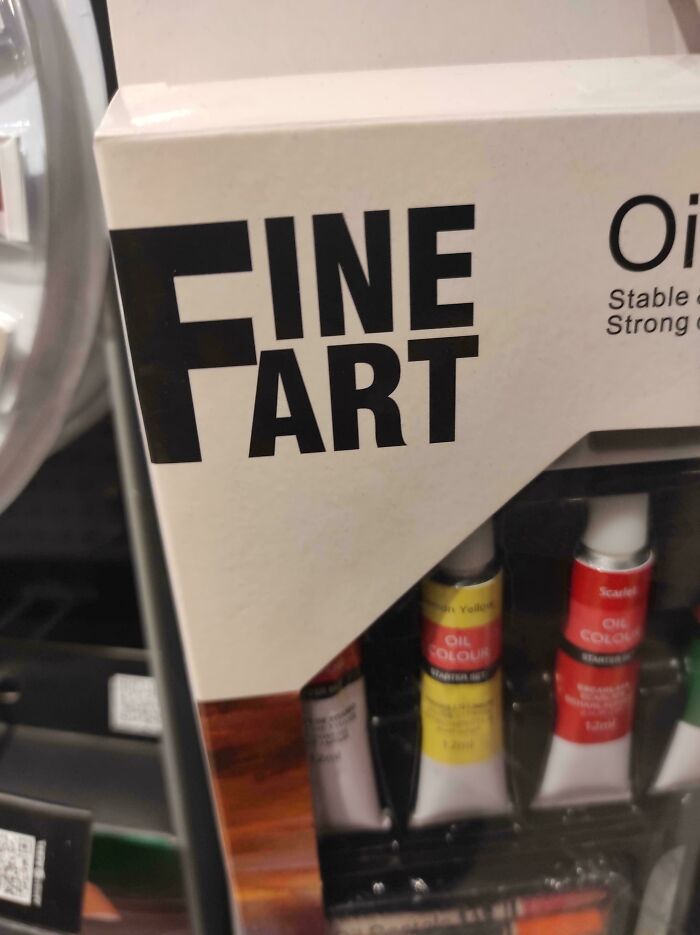 Oil paint set label design fail reads fine art as fine fart