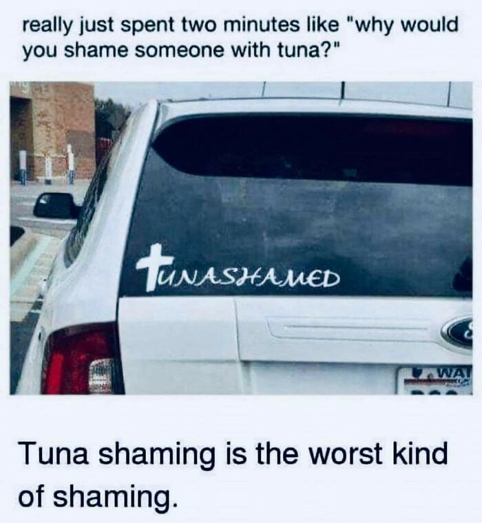 Car with decal saying tunashamed highlighting humor about tuna shaming
