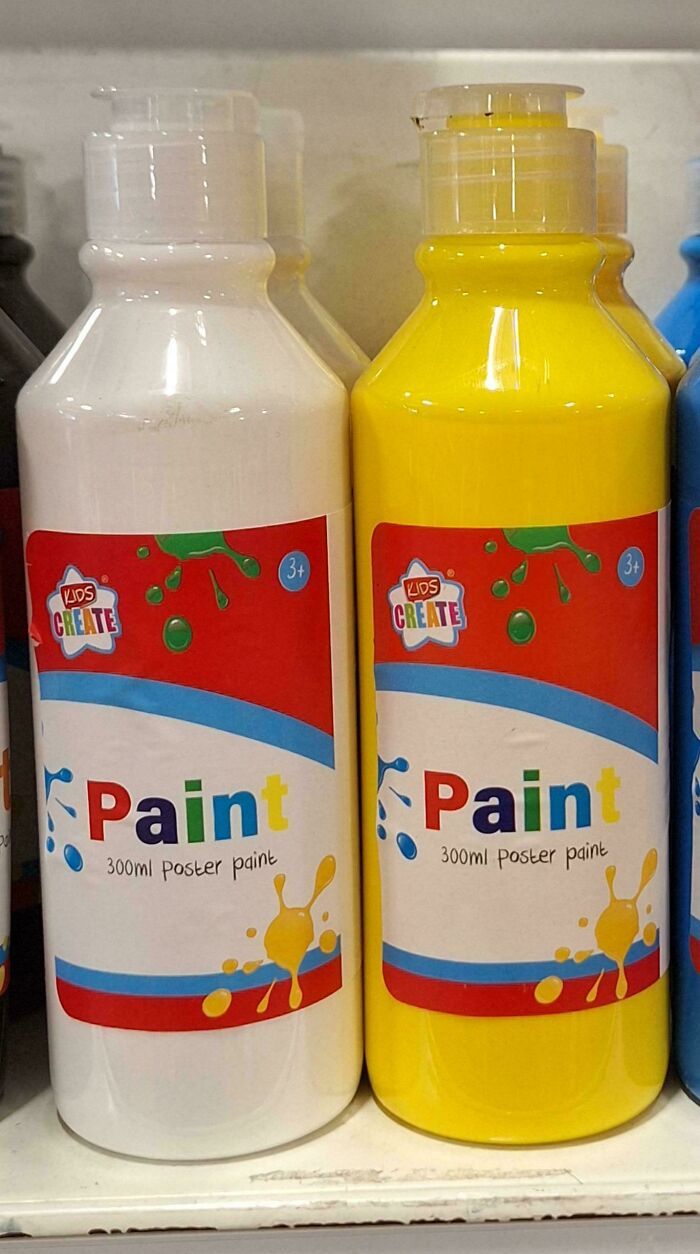 Mistakenly placed paint bottles with confusing color labels in kids poster paint section