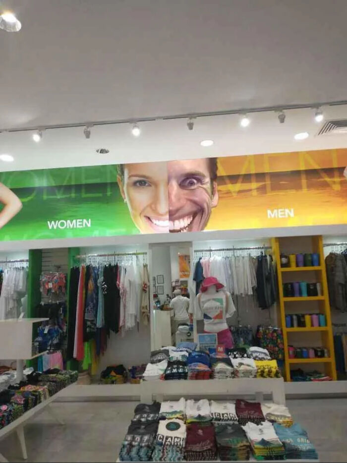 Store sign design fail with merged men and women faces