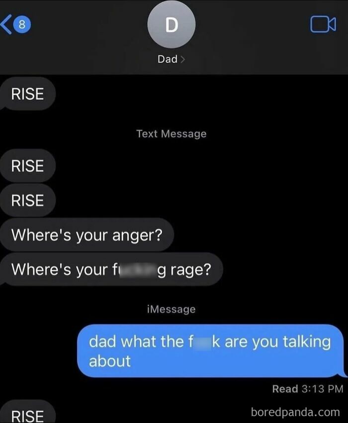 Text messages from dad repeatedly saying RISE and asking about anger and rage