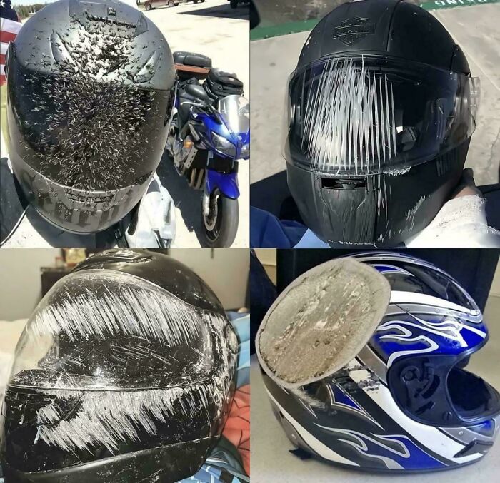 Uplifting posts displaying damaged motorcycle helmets, a much-needed break from everything going on.