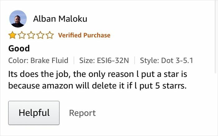 A funny online review giving a one-star rating to avoid deletion on Amazon for brake fluid.