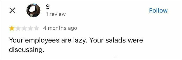A funny online review from S, stating employees are lazy and salads are discussing.