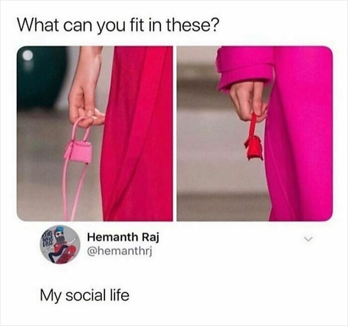 Tiny handbags with caption about fitting social life meme