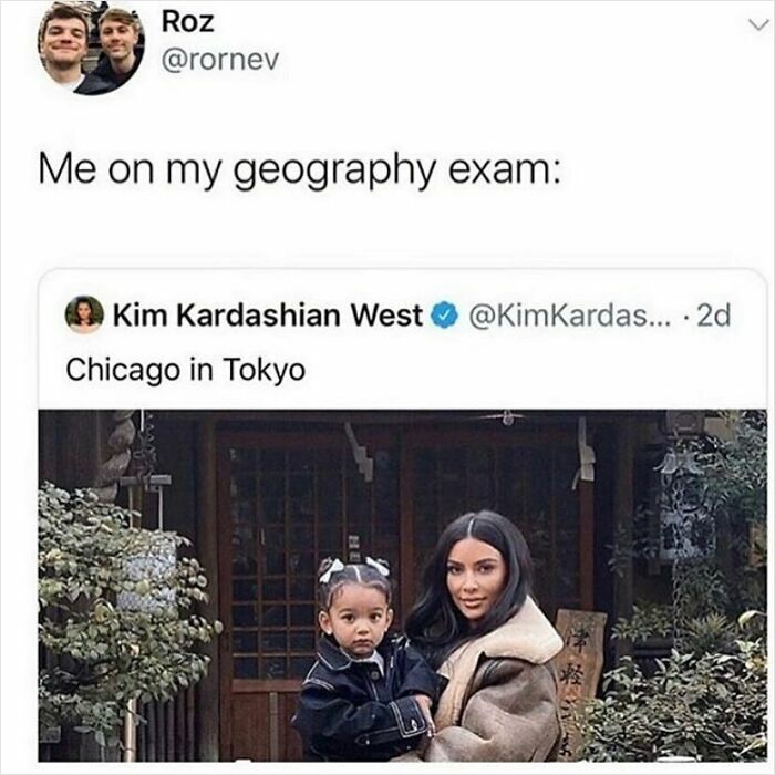Funny geography exam meme mixing Chicago and Tokyo locations
