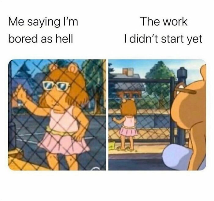 Cartoon character bored while work not started meme