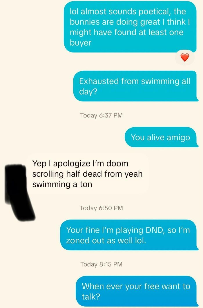 Casual chat about swimming and DND in awkward text message screenshot