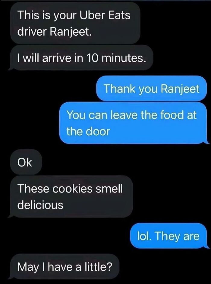 Funny Uber Eats delivery text messages with awkward cookie comment
