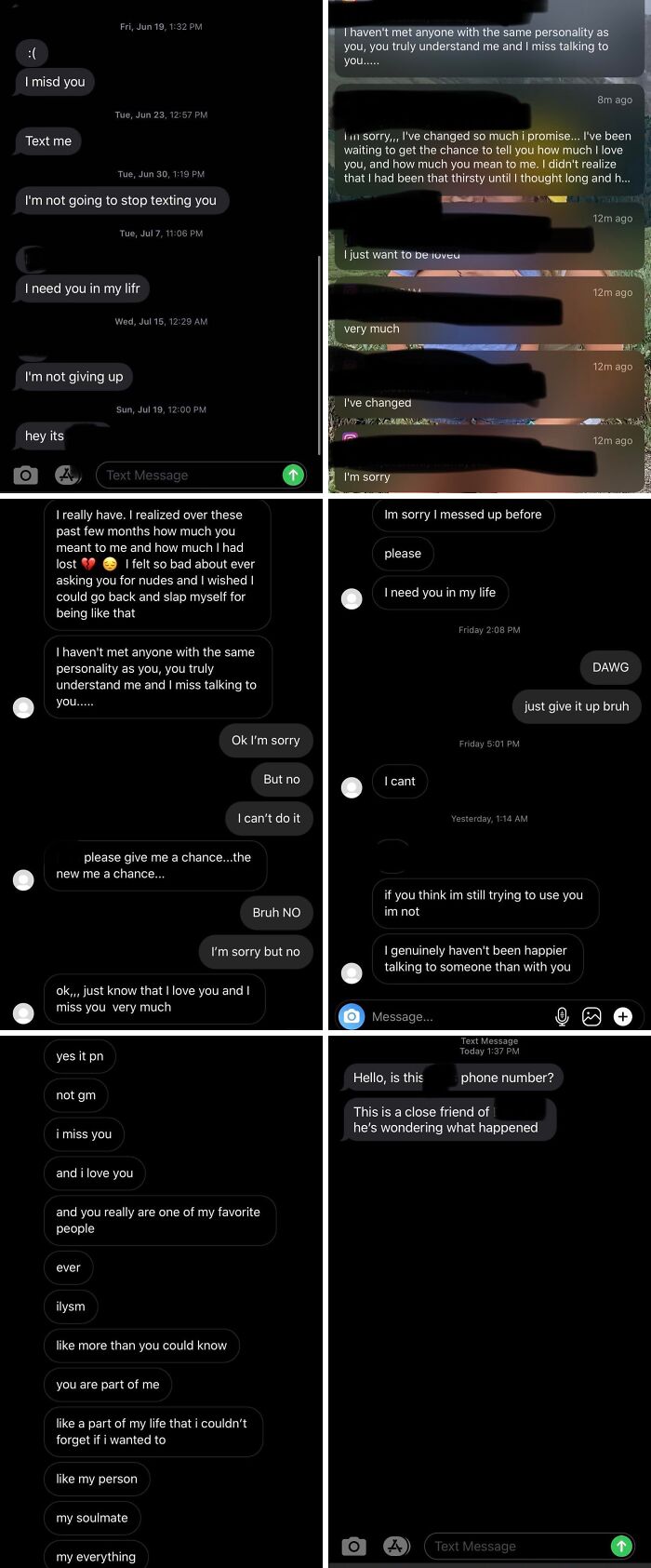 Series of awkward breakup and apology text messages in dark mode chat screenshot