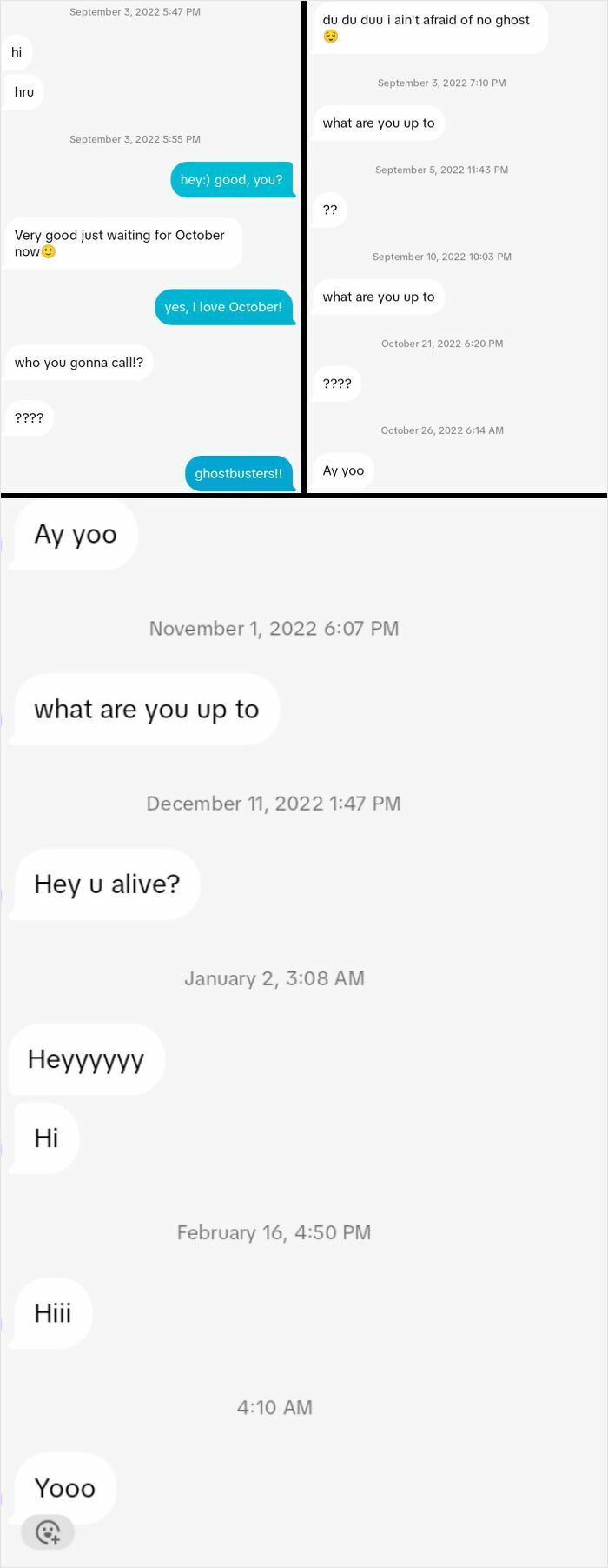 Awkward text messages with repeated questions and ghostbusters reference