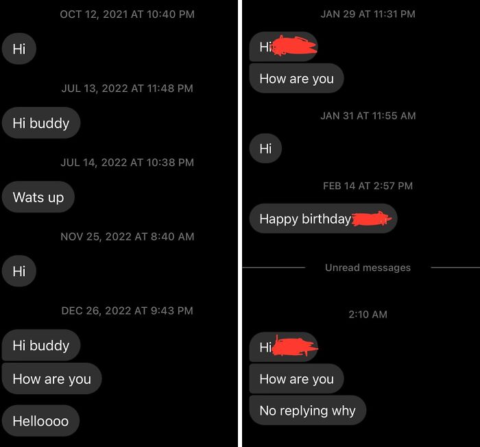 Series of awkward repeated 'Hi' messages showing lack of response in text message screenshots