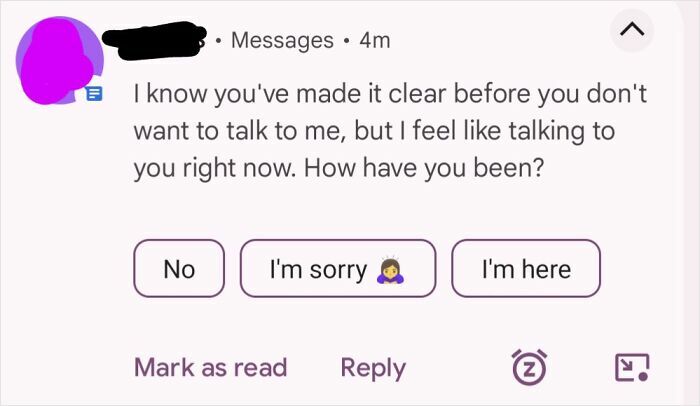 Text message expressing desire to talk despite being told not to with awkward reply options