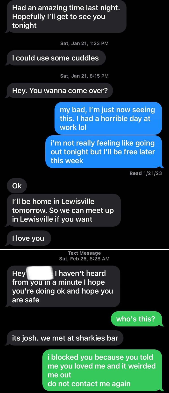 Awkward text messages about cuddles and meeting up in Lewisville