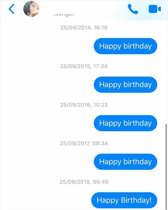 Repeated awkward happy birthday texts over multiple years