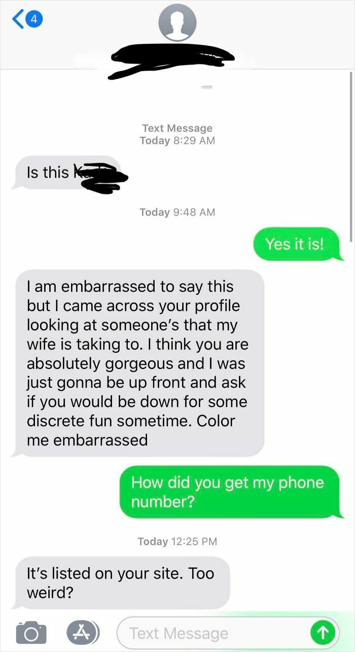 Text conversation revealing awkward message about being noticed while spouse texts
