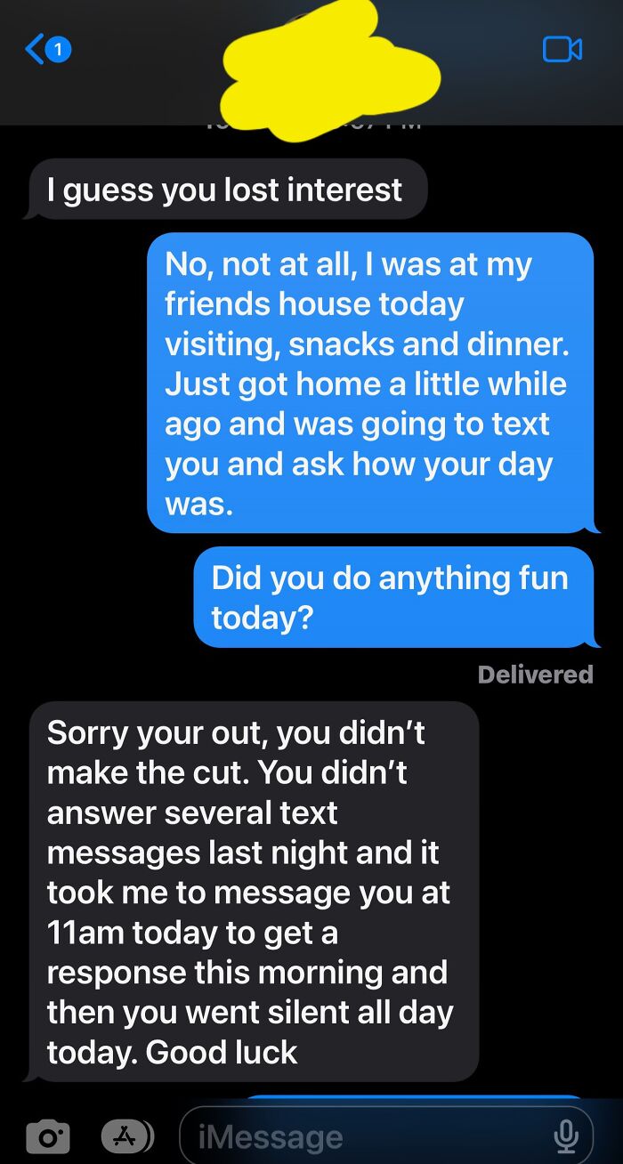 Awkward text message where one accuses other of losing interest after delayed replies