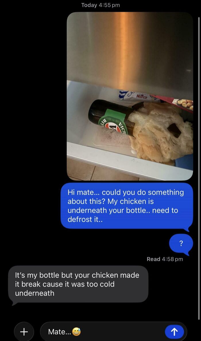 Text message about broken bottle and frozen chicken in fridge