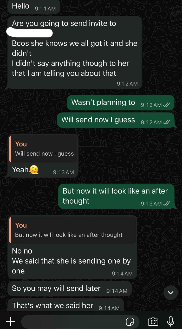 Group chat discussing sending invites late causing awkward conversation
