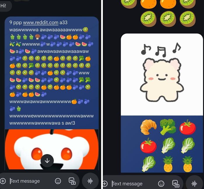 Funny text message filled with emojis and gibberish in a chat app
